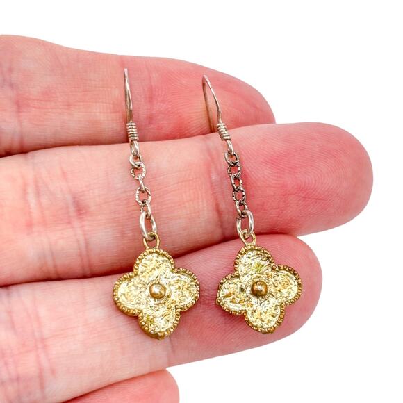 Vintage Sterling Silver 925 Gold Tone Clover Dangle Earrings - Picture 1 of 8